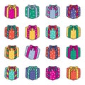 Cute cartoon gift boxes tied with ribbons and decorated with bows with snowflakes. Set of bright colored vector icons . Royalty Free Stock Photo